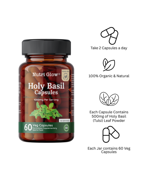 Nutri Glow Holy Basil (Tulsi) 1000mg – Certified Organic Ocimum sanctum Leaf – 60 Vegan Capsules