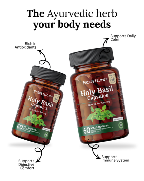 Nutri Glow Holy Basil (Tulsi) 1000mg – Certified Organic Ocimum sanctum Leaf – 60 Vegan Capsules
