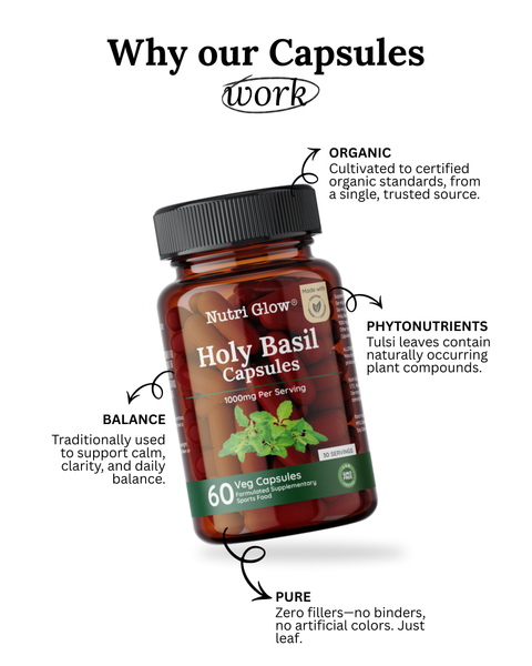 Nutri Glow Holy Basil (Tulsi) 1000mg – Certified Organic Ocimum sanctum Leaf – 60 Vegan Capsules
