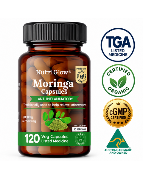 Nutri Glow Moringa Capsules | Moringa Leaf Supplement | 2000mg Per Serving | 120 Veg Capsules | AUST L 525787